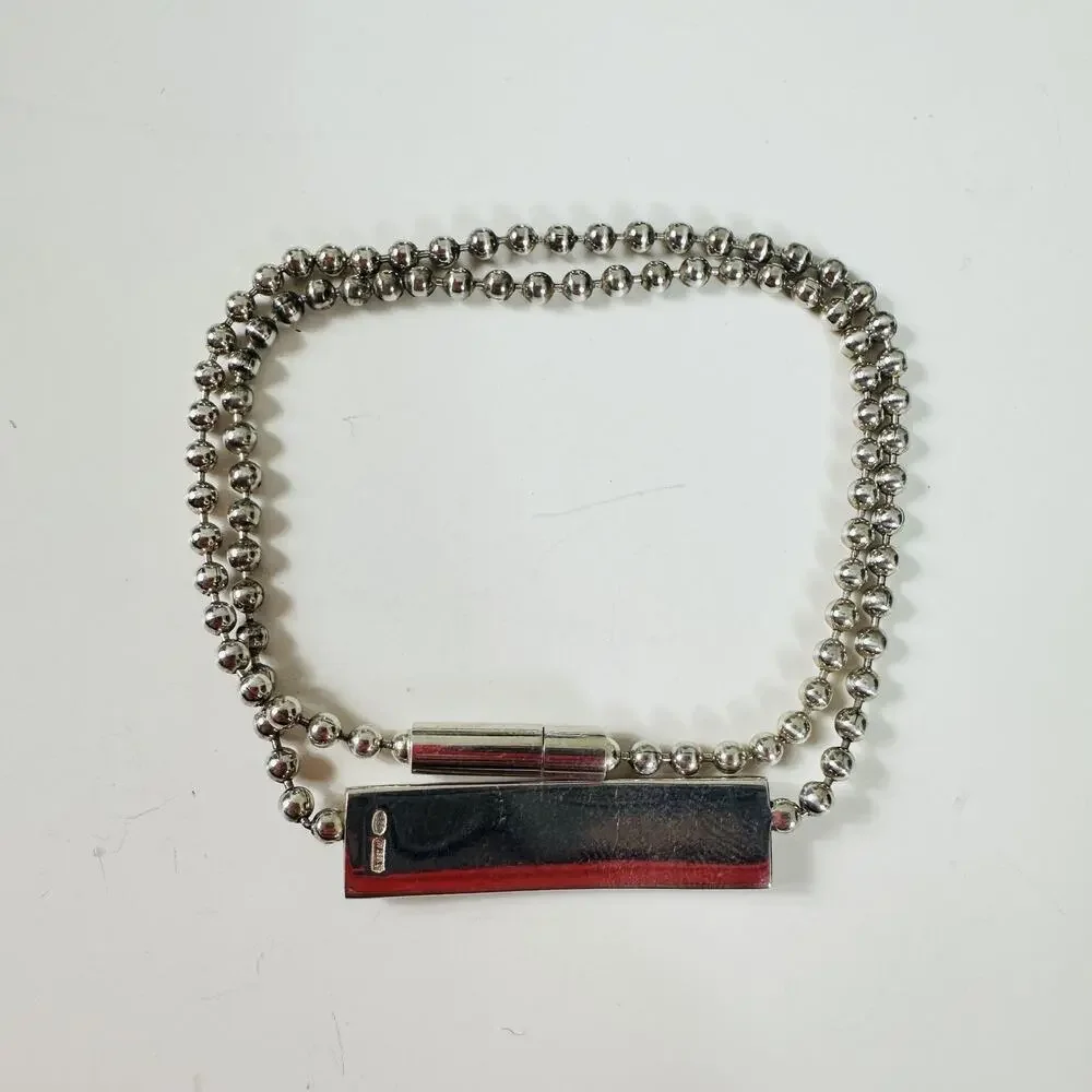 Gucci 925 Sterling Silver Beaded ID Bar Chain Bracelet Made In Italy Designer